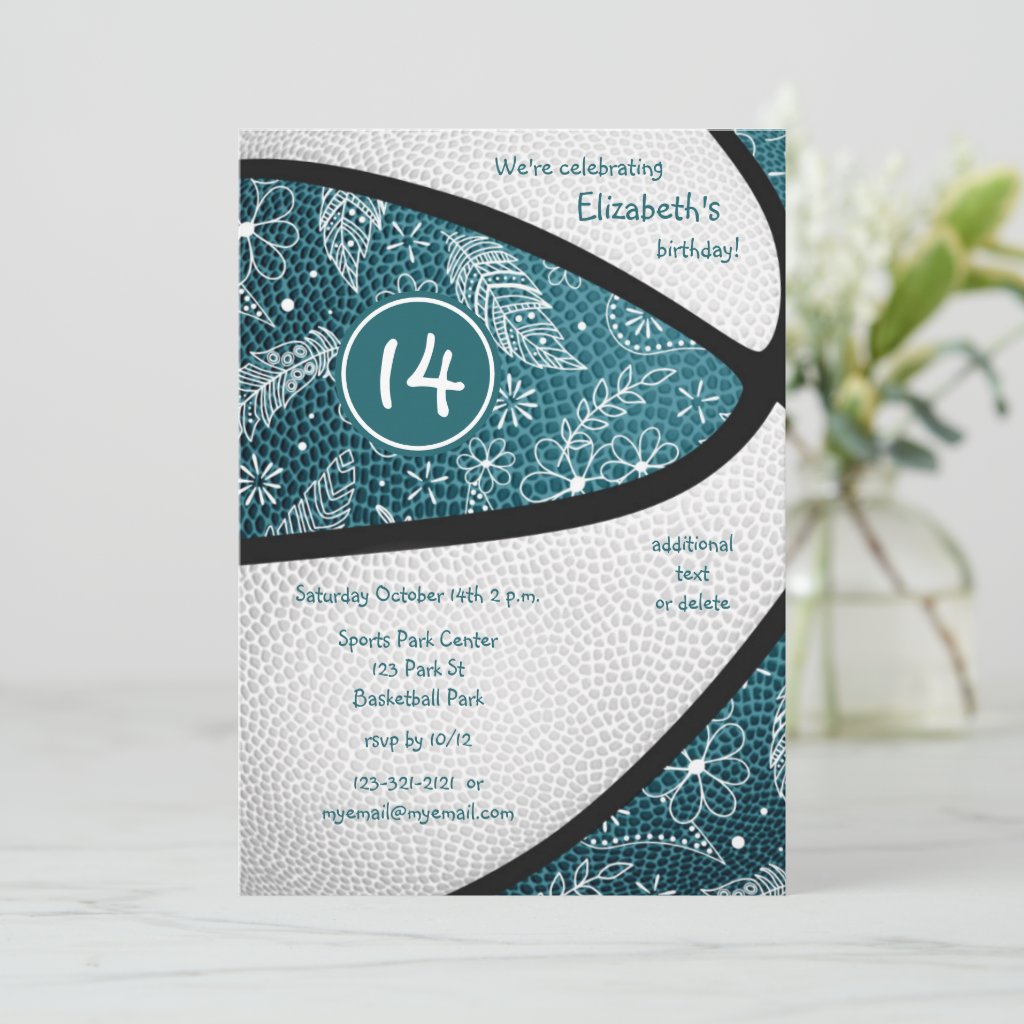 teal boho feathers floral paisley basketball party announcement
