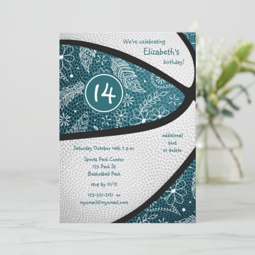 teal boho feathers floral paisley basketball party invitation