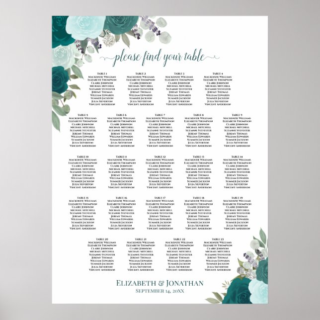Teal Boho Floral 23 Table Wedding Seating Chart (Front)