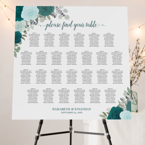 Teal Boho Floral 26 Table Wedding Seating Chart Foam Board