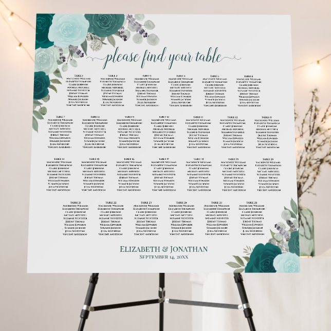 Teal Boho Floral 26 Table Wedding Seating Chart Foam Board (In Situ (Stand))