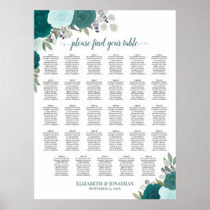 Teal Boho Floral 29 Table Wedding Seating Chart
