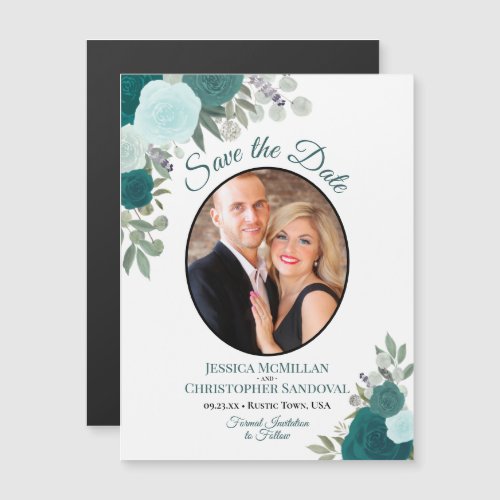 Teal Boho Floral  Photo Wedding Save the Date Magnetic Invitation