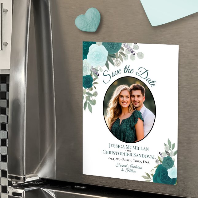Teal Boho Floral & Photo Wedding Save the Date Magnetic Invitation (Magnetic Card for Easy Display!)