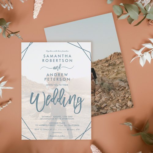 Teal boho frame simple photo script wedding invitation