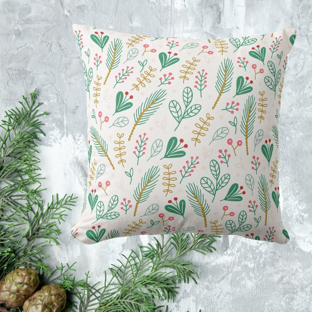 Teal Boho Pine Needle Leaf Berry Holiday Throw Pillow (Creator Uploaded)