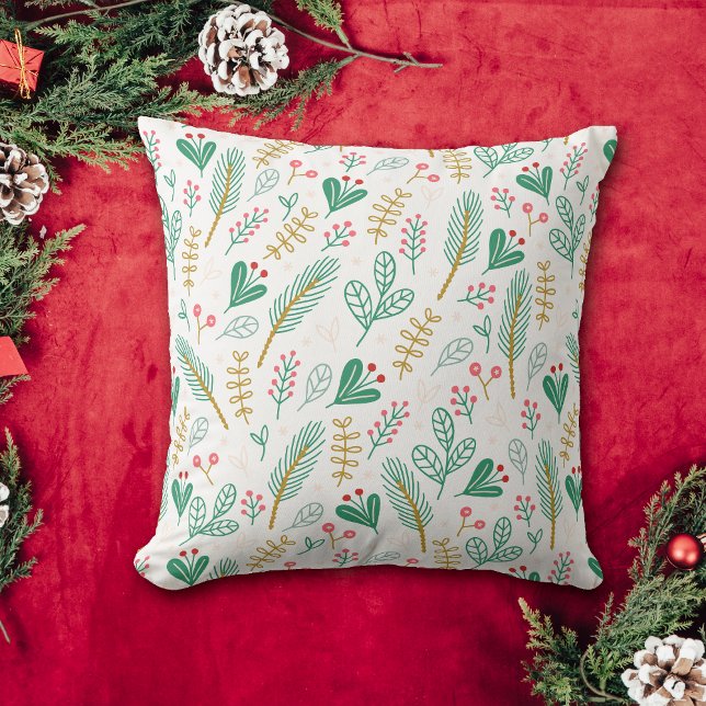 Teal Boho Pine Needle Leaf Berry Holiday Throw Pillow (Creator Uploaded)
