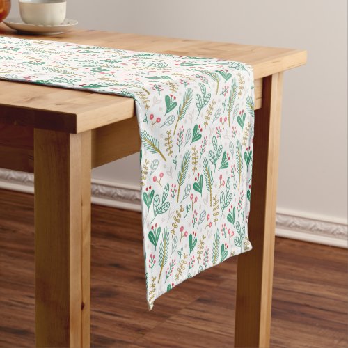 Teal Boho Pine Needle Leaf Berry Pattern Holiday Short Table Runner