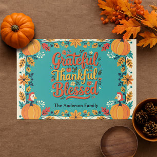 Teal Boho Pumpkin Harvest Thanksgiving Placemat