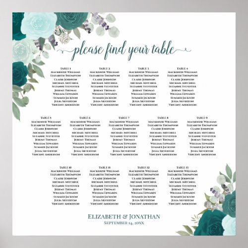 Teal Boho Roses 13 Table Wedding Seating Chart