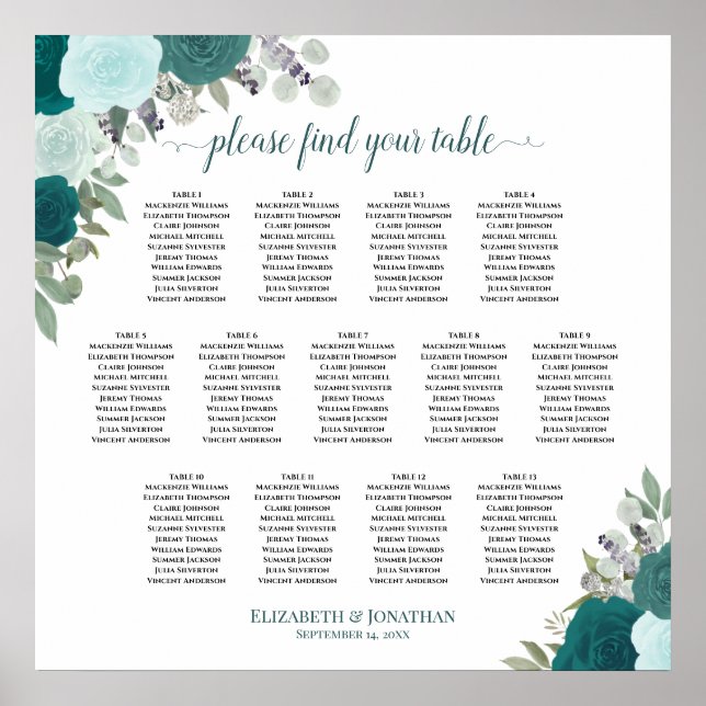 Teal Boho Roses 13 Table Wedding Seating Chart (Front)