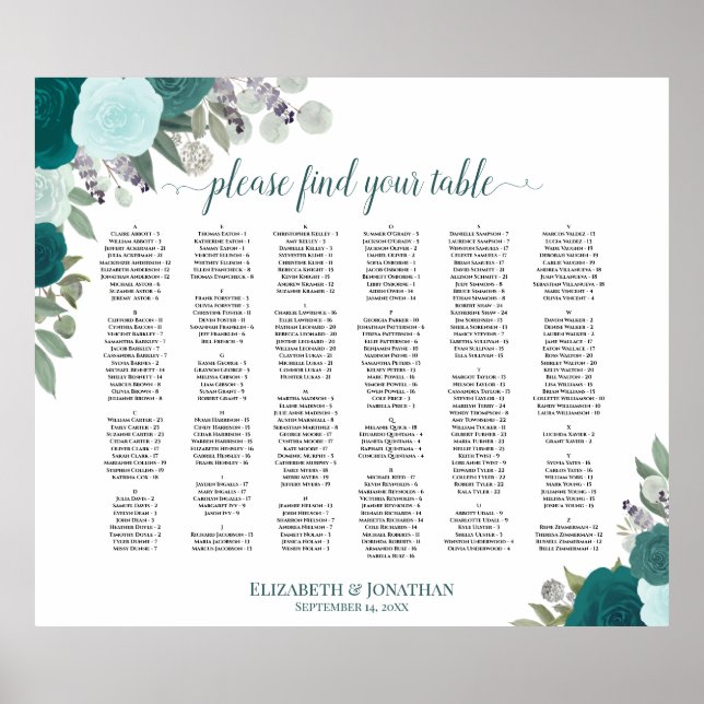 Teal Boho Roses Alphabetical Wedding Seating Chart (Front)