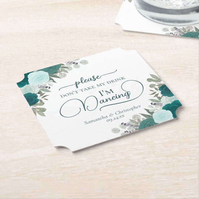 Teal Boho Roses Don't Take My Drink Wedding Paper Coaster (Angled)