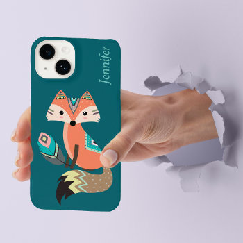Teal Boho Tribal Fox With Feather Iphone 14 Case by Westerngirl2 at Zazzle