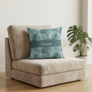 Teal Boho Watercolor Tropical Leaf Monogram Name Throw Pillow