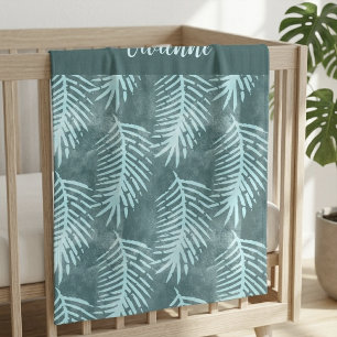 Teal Boho Watercolor Tropical Leaf Name Baby Blanket