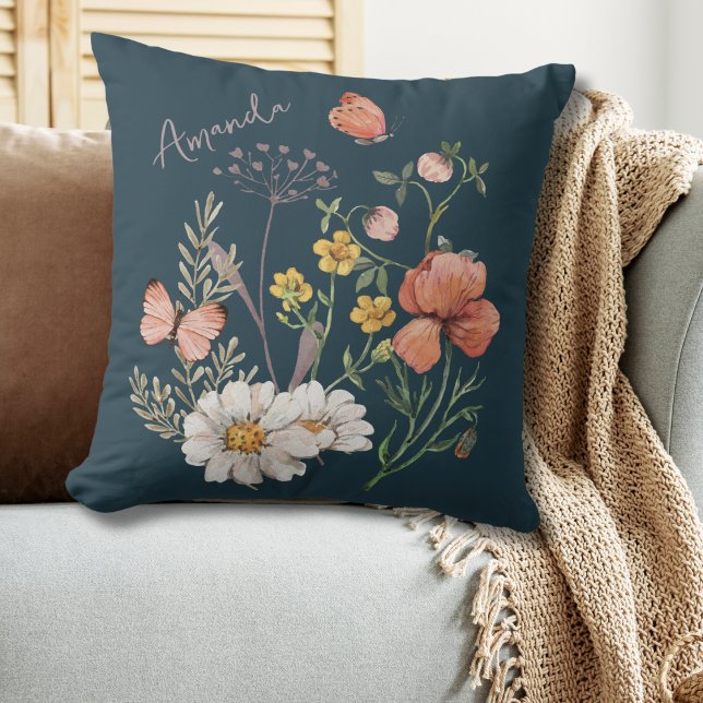 Teal Boho Wildflower Throw Pillow (Creator Uploaded)