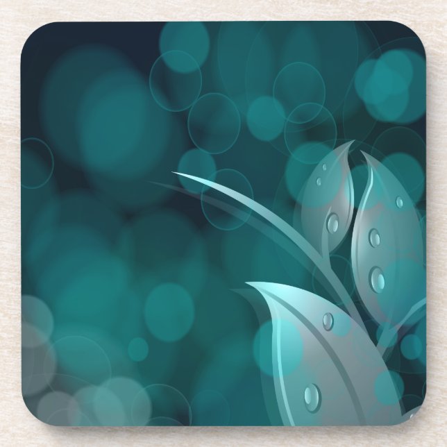 Teal Bokeh Leaves Beverage Coaster (Front)