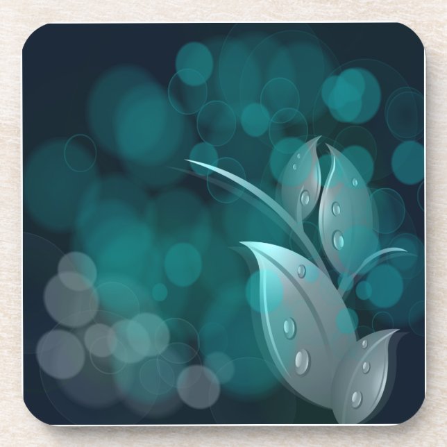 Teal Bokeh Leaves Drink Coaster (Front)