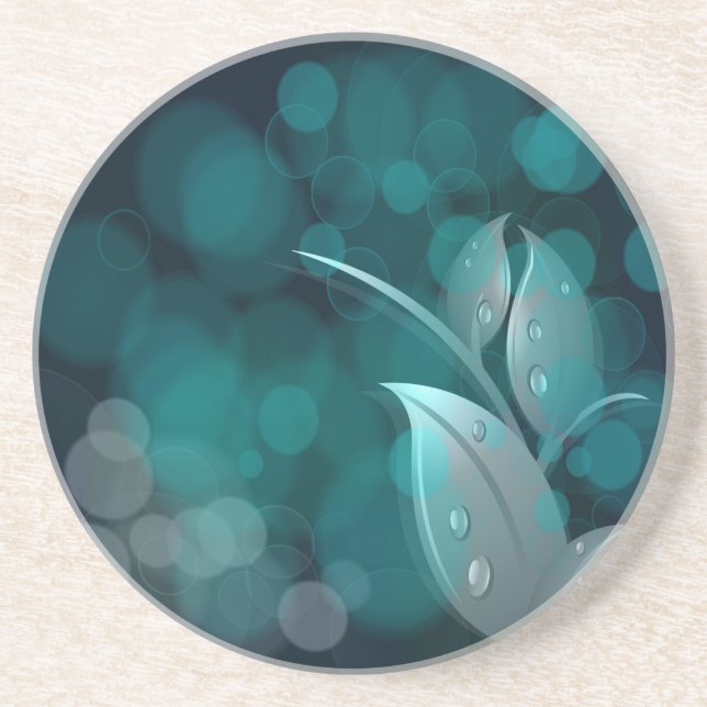 Teal Bokeh Leaves Sandstone Coaster (Front)