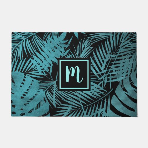 Teal bold modern monogram tropical palm pattern doormat