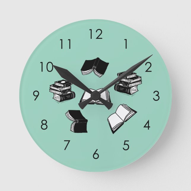 Teal Bookish Bibliophile Librarian Book Pattern Round Clock (Front)