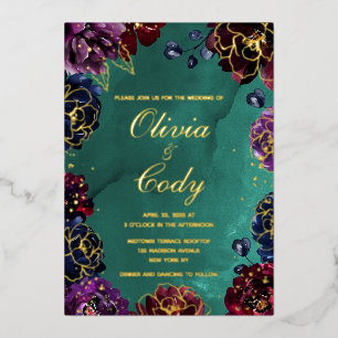Teal Bordeaux Amethyst Jewel Tone Gold Wedding Foil Invitation