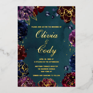 Teal Bordeaux Amethyst Jewel Tone Gold Wedding Foil Invitation