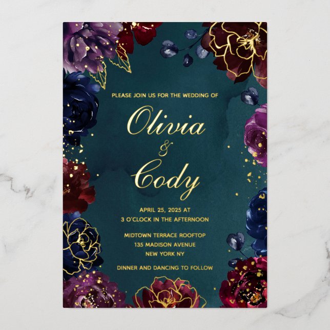 Teal Bordeaux Amethyst Jewel Tone Gold Wedding Foil Invitation (Front)