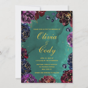 Teal Bordeaux Amethyst Jewel Tone Gold Wedding Invitation