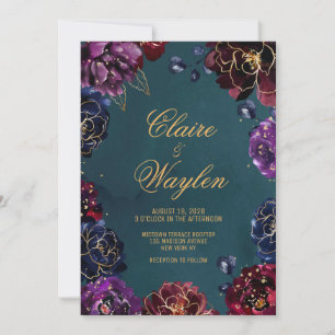 Teal Bordeaux Amethyst Jewel Tone Gold Wedding Invitation
