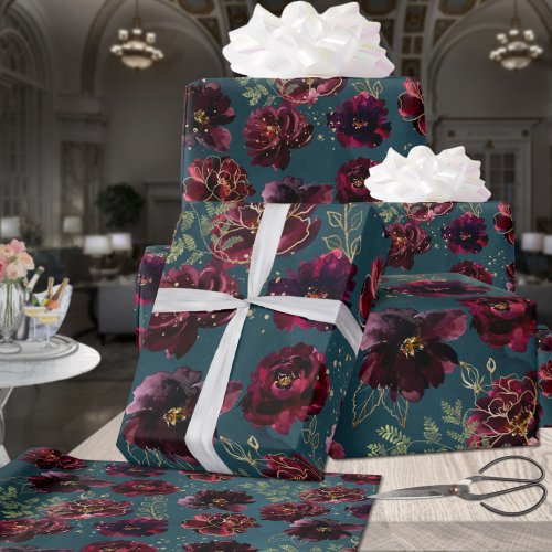 Teal Bordeaux Jewel Tone Burgundy Peony Wedding Wrapping Paper
