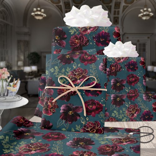 Teal Bordeaux Jewel Tone Burgundy Peony Wedding Wrapping Paper Sheets