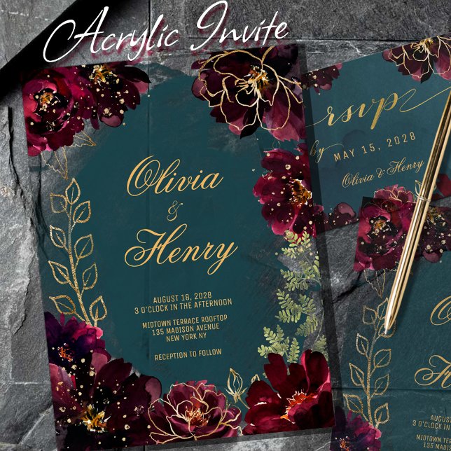 Teal Bordeaux Jewel Tone Gold Script Wedding Acrylic Invitations (ACRYLIC INVITATION)