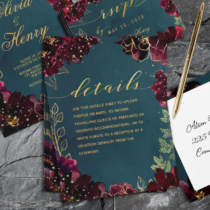 Teal Bordeaux Jewel Tone Wedding Details Sheet Enclosure Card