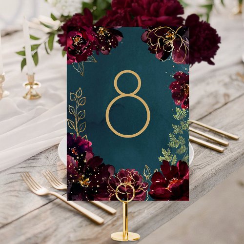 Teal Bordeaux Jewel Tone Wedding Table Number