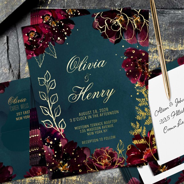 Teal Bordeaux Jewel Tones Surnames Wedding Gold Foil Invitation (Teal Bordeaux Jewel Tones Shimmering Gold Foil Wedding Invitation: Matching envelope sold separately)