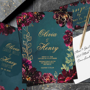 Teal Bordeaux Jewel Tones Surnames Wedding Invitation