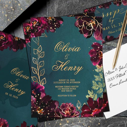 Teal Bordeaux Jewel Tones Wedding Invitation