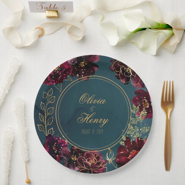 Teal Bordeaux Jewel Tones Wedding Paper Plates (Wedding)