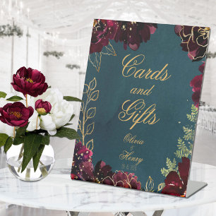 Teal Bordeaux Jewel Tones Wedding Pedestal Sign