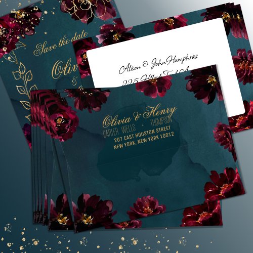 Teal Bordeaux Jewel Tones Wedding Save The Date Envelope