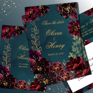 Teal Bordeaux Jewel Tones Wedding Save The Date Invitation