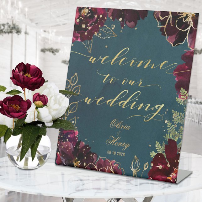 Teal Bordeaux Jewel Tones Welcome Wedding 2 Pedestal Sign (Creator Uploaded)
