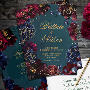 Teal Bordeaux Sapphire Jewel Tone Gold Wedding Invitation