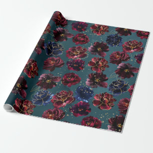Teal Bordeaux Sapphire Jewel Tone Gold Wedding Wrapping Paper