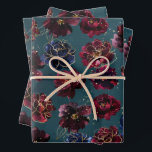 Teal Bordeaux Sapphire Jewel Tone Gold Wedding Wrapping Paper Sheets<br><div class="desc">A teal blue, sapphire blue and burgundy red jewel tone wrapping paper featuring a symphony of deep bordeaux raspberry red peonies adorned with gold spray and shimmering gold outlines gather against a deep teal blue watercolor-painted background. This paper matches the wedding invitation of the same name and makes an excellent...</div>