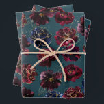 Teal Bordeaux Sapphire Jewel Tone Gold Wedding Wrapping Paper Sheets<br><div class="desc">A teal blue, sapphire blue and burgundy red jewel tone wrapping paper featuring a symphony of deep bordeaux raspberry red peonies adorned with gold spray and shimmering gold outlines gather against a deep teal blue watercolor-painted background. This paper matches the wedding invitation of the same name and makes an excellent...</div>