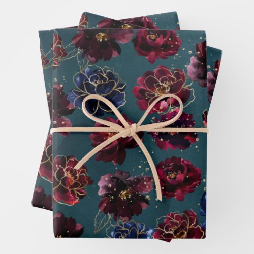 Teal Bordeaux Sapphire Jewel Tone Gold Wedding Wrapping Paper Sheets