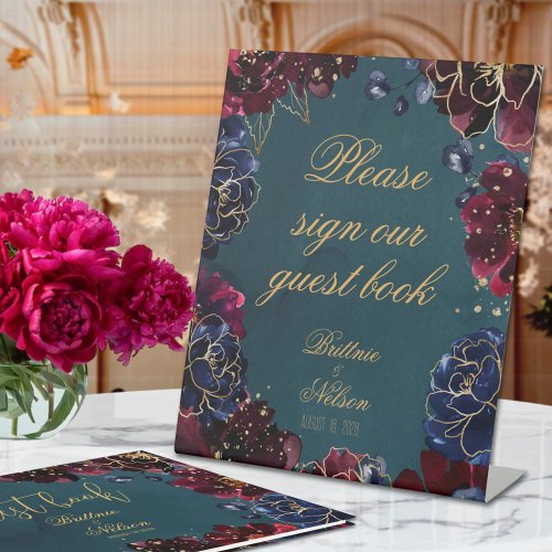 Teal Bordeaux Sapphire Jewel Tone Guest Book  Pedestal Sign